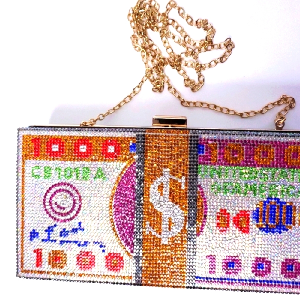 Money Bling Rhinestone Hard Case Clutch - Picture 10 of 15
